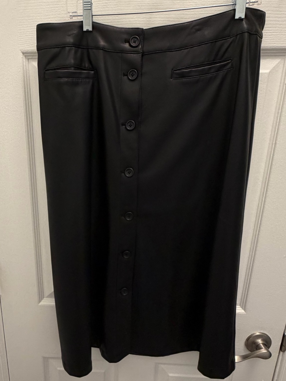 Classic A-Line Faux Leather Black Button-Front Midi Skirt